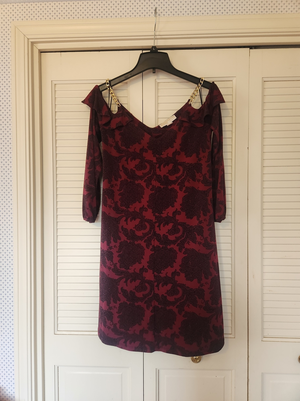 Women’s Burgundy Floral Cold-Shoulder Dress with Chain Straps